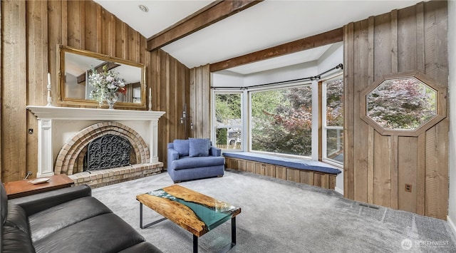 12350 SE 96th Pl, Renton, WA 98056 - carpeted living room featuring wooden walls and a brick fireplace