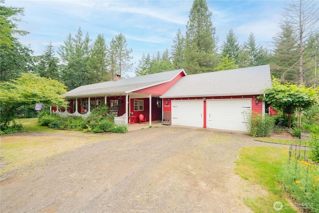 1818 SE 357th Ave, Washougal, WA 98671 - single story home featuring dirt driveway, a garage, a porch, and a chimney