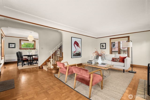 1157 N 78th St, Seattle, WA 98103 - living area featuring stairway and crown molding