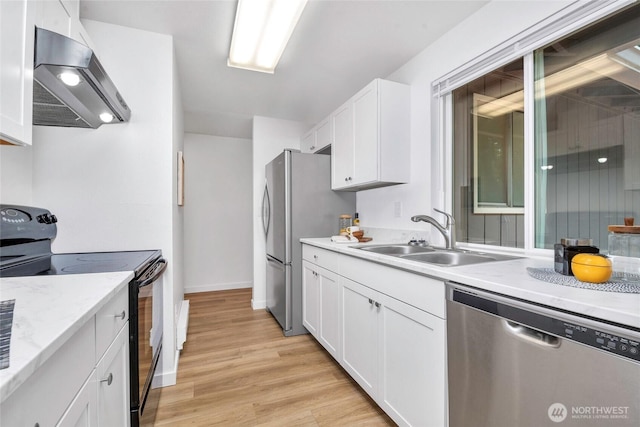 7509 E F St, Tacoma, WA 98404 - kitchen with appliances with stainless steel finishes, ventilation hood, white cabinetry, and light wood-style floors