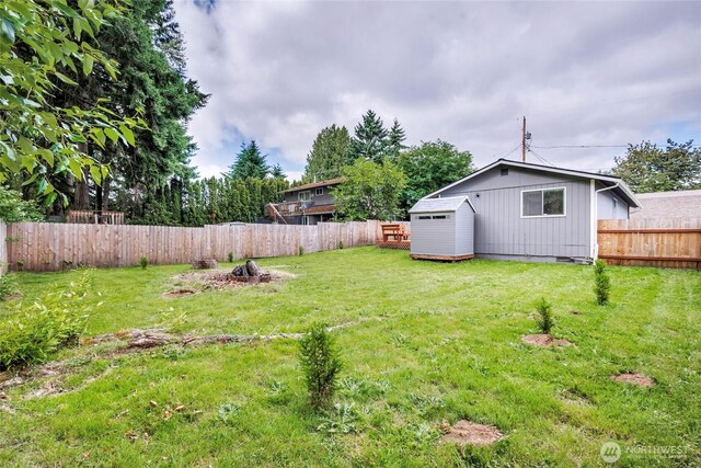 7509 E F St, Tacoma, WA 98404 - fenced backyard featuring a shed and a fire pit