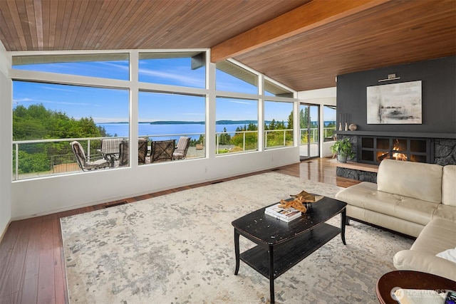 8717 182nd Pl SW, Edmonds, WA 98026 - sunroom / solarium with hardwood / wood-style flooring, a water view, healthy amount of natural light, and wooden ceiling