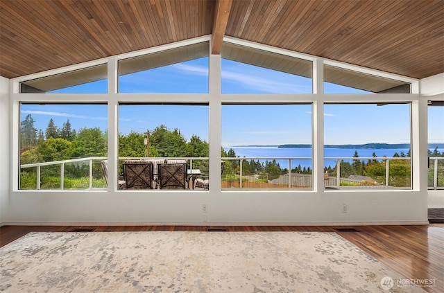 8717 182nd Pl SW, Edmonds, WA 98026 - unfurnished sunroom featuring a water view, wood finished floors, and wood ceiling