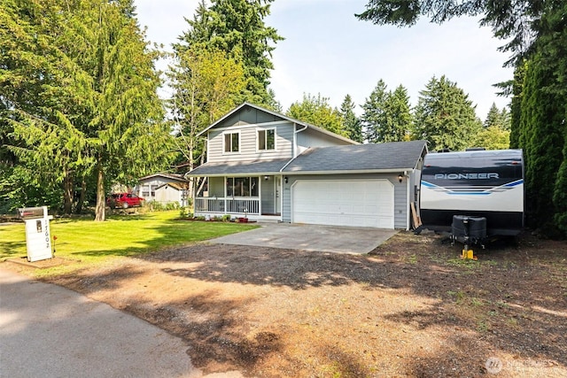 17602 154th Way SE, Yelm, WA 98597 - view of front facade with dirt driveway, a front lawn, an attached garage, covered porch, and board and batten siding