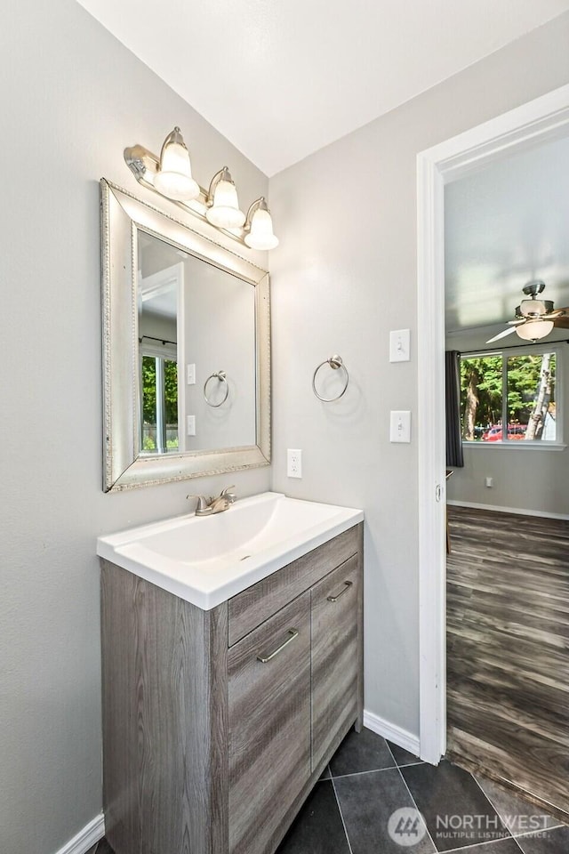 17602 154th Way SE, Yelm, WA 98597 - bathroom with vanity, tile patterned floors, and a ceiling fan