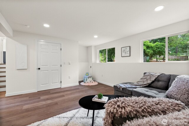 754 SW Oak Rd, Port Orchard, WA 98367 - living room with wood finished floors, recessed lighting, and stairway
