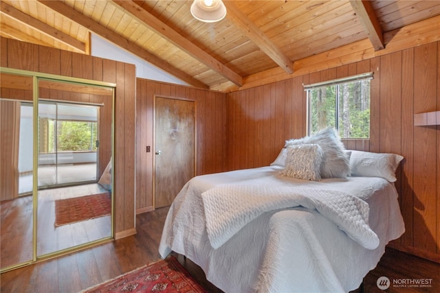 1681 E Saint Andrews Dr N, Shelton, WA 98584 - bedroom with multiple windows, wooden ceiling, hardwood / wood-style floors, and wooden walls