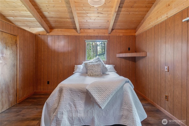 1681 E Saint Andrews Dr N, Shelton, WA 98584 - bedroom featuring wooden ceiling, dark wood finished floors, and wooden walls