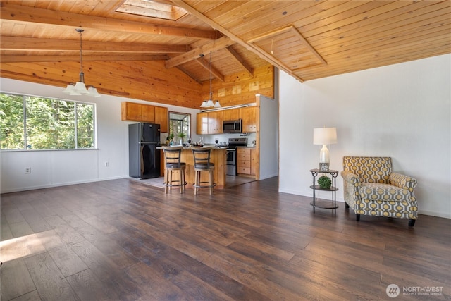 1681 E Saint Andrews Dr N, Shelton, WA 98584 - kitchen with appliances with stainless steel finishes, open floor plan, wooden ceiling, dark wood-type flooring, and a chandelier