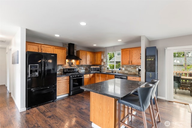 2954 Lowren Loop, Port Orchard, WA 98366 - kitchen featuring black refrigerator with ice dispenser, gas range, wall chimney range hood, stainless steel microwave, and dark wood-style floors