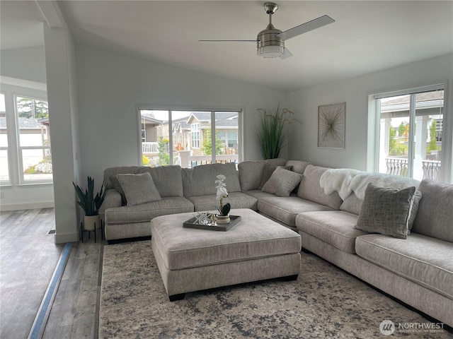 926 N Rock Rose Ave, Sequim, WA 98382 - living room featuring a ceiling fan, plenty of natural light, lofted ceiling, and wood-type flooring