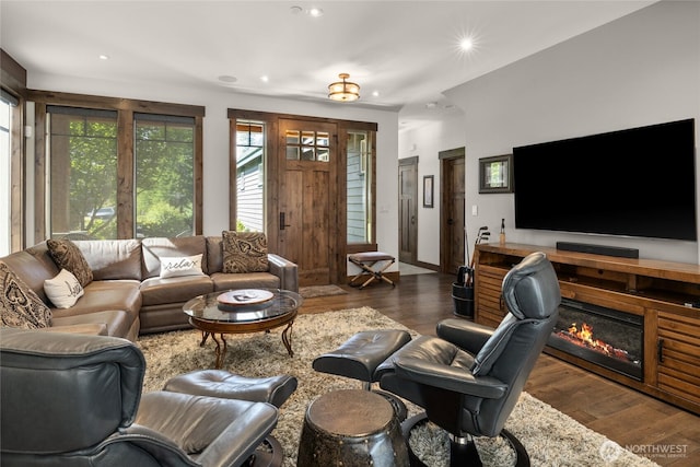 151 Miners Camp Way, Cle Elum, WA 98922 - living room featuring recessed lighting, wood finished floors, and a glass covered fireplace