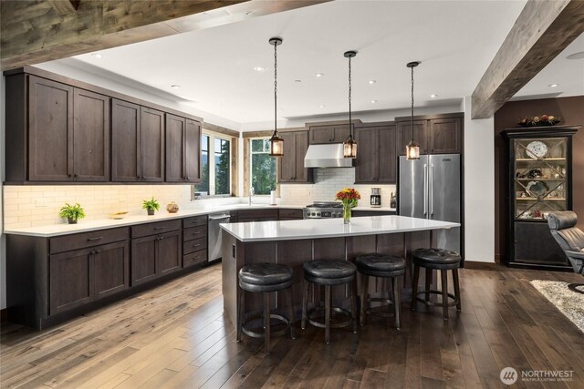 151 Miners Camp Way, Cle Elum, WA 98922 - kitchen featuring under cabinet range hood, appliances with stainless steel finishes, dark brown cabinets, dark wood finished floors, and recessed lighting