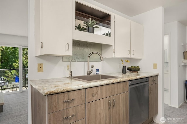 19428 Aurora Ave N Unit 427, Shoreline, WA 98133 - kitchen with dishwasher, light colored carpet, and white cabinets