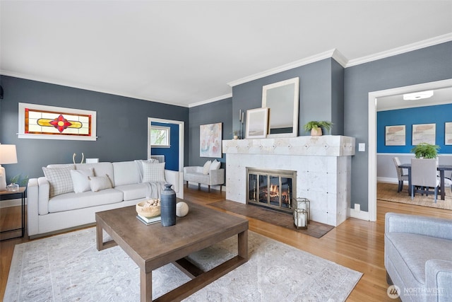 1116 N J St, Tacoma, WA 98403 - living room with wood finished floors, crown molding, and a glass covered fireplace