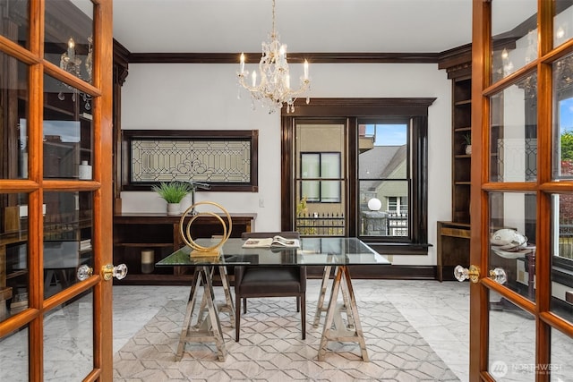 1214 Warren Ave N, Seattle, WA 98109 - dining room with crown molding, a chandelier, and marble look tile flooring