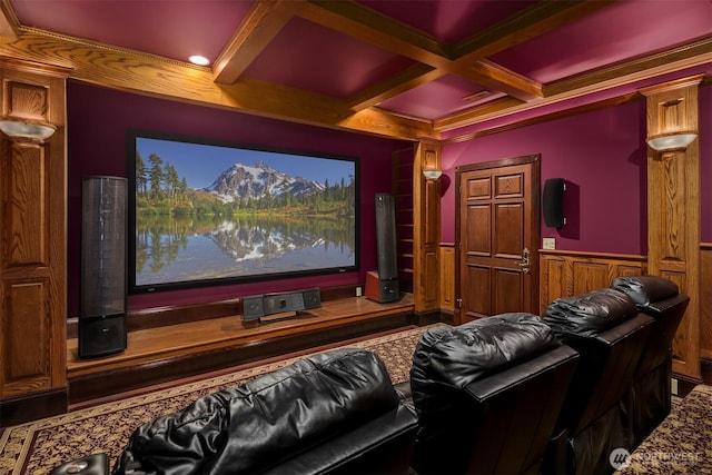 1214 Warren Ave N, Seattle, WA 98109 - home theater with coffered ceiling, beamed ceiling, and wainscoting