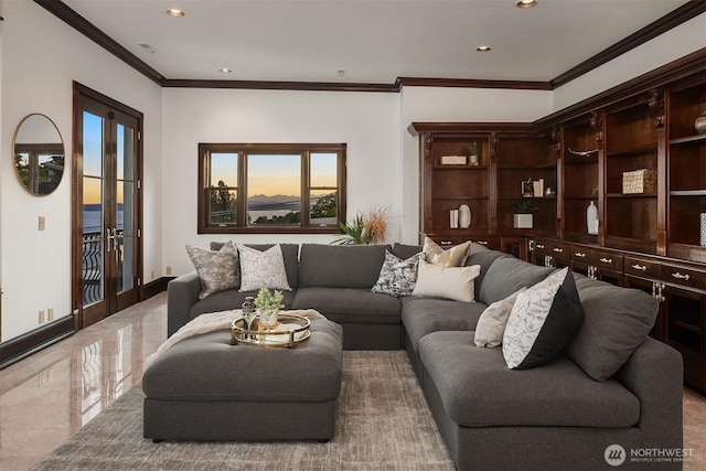 1214 Warren Ave N, Seattle, WA 98109 - living area with ornamental molding, recessed lighting, french doors, and marble tiled floors