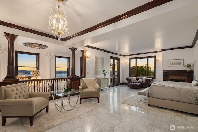1214 Warren Ave N, Seattle, WA 98109 - bedroom with decorative columns, light marble finish floors, a chandelier, multiple windows, and ornamental molding