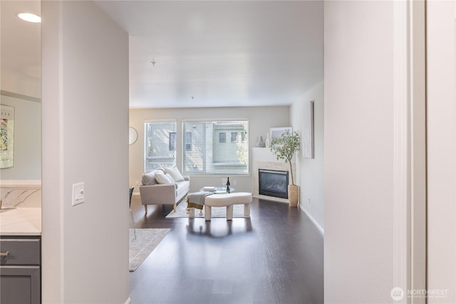 559 Mcgraw St Unit 204, Seattle, WA 98109 - living room featuring a tiled fireplace and dark wood-style floors