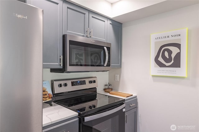 559 Mcgraw St Unit 204, Seattle, WA 98109 - kitchen with appliances with stainless steel finishes, gray cabinets, and light stone counters