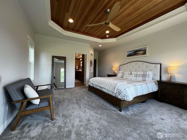 12003 Summit Haven Pl, Yakima, WA 98908 - carpeted bedroom with a raised ceiling, wood ceiling, ornamental molding, ceiling fan, and recessed lighting