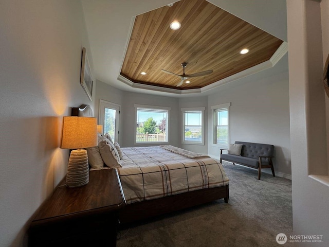 12003 Summit Haven Pl, Yakima, WA 98908 - bedroom with wood ceiling, a raised ceiling, carpet flooring, recessed lighting, and crown molding