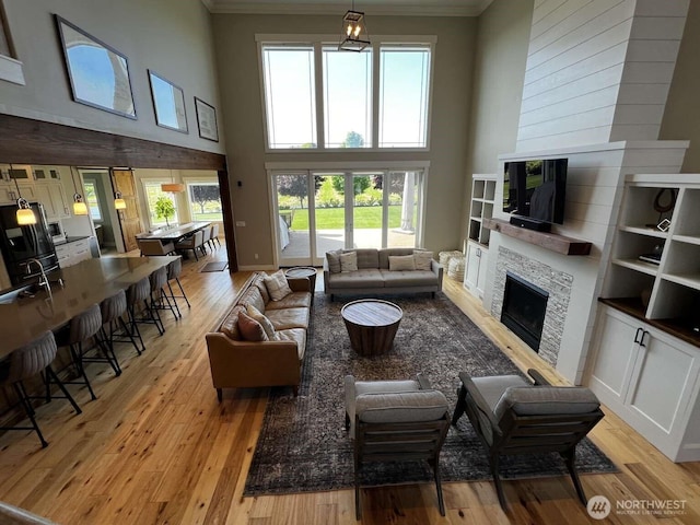 12003 Summit Haven Pl, Yakima, WA 98908 - living area featuring a fireplace, ornamental molding, light wood-type flooring, and a towering ceiling