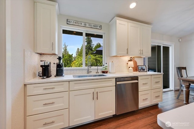 26908 NE Bird St, Duvall, WA 98019 - kitchen with stainless steel dishwasher, decorative backsplash, white cabinets, light countertops, and recessed lighting