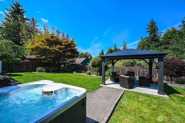 26908 NE Bird St, Duvall, WA 98019 - view of swimming pool featuring a gazebo, an outdoor living space, a fenced backyard, and a hot tub