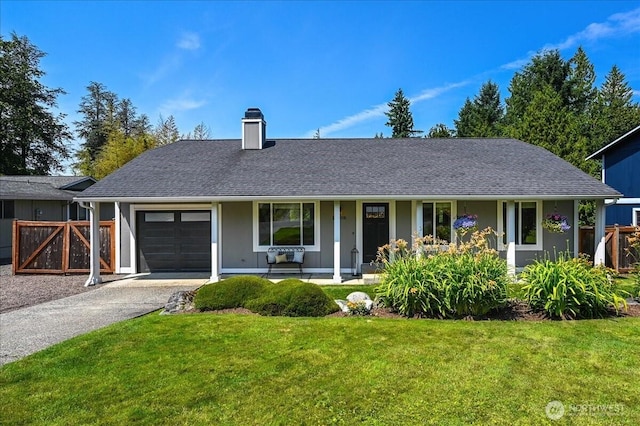 26908 NE Bird St, Duvall, WA 98019 - view of front of home featuring an attached garage, a chimney, driveway, a porch, and roof with shingles