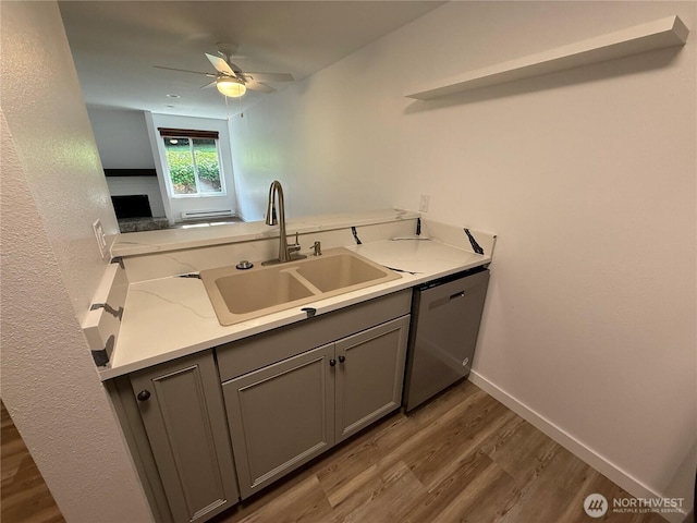 509 S 323rd Pl Unit 15E, Federal Way, WA 98003 - kitchen with dishwasher, gray cabinetry, wood finished floors, and a ceiling fan