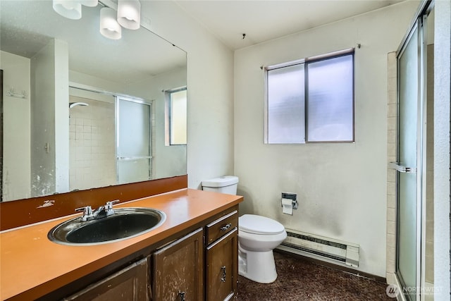 2708 NE 106th Pl, Seattle, WA 98125 - bathroom featuring a baseboard radiator, a shower stall, and vanity