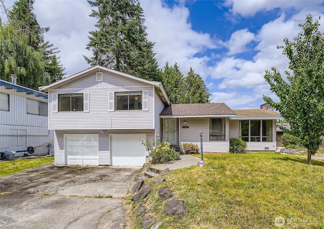 2708 NE 106th Pl, Seattle, WA 98125 - split level home with an attached garage, asphalt driveway, a front lawn, and roof with shingles