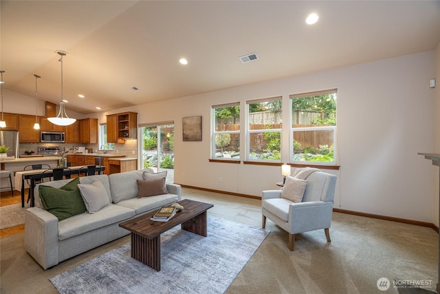 700 Twin Brooks Dr, Mount Vernon, WA 98273 - living room with vaulted ceiling, recessed lighting, and light colored carpet