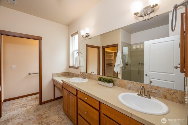 700 Twin Brooks Dr, Mount Vernon, WA 98273 - full bathroom featuring a shower stall, double vanity, and a spacious closet