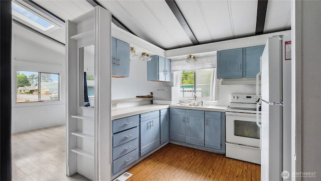16880 Hwy 112, Clallam Bay, WA 98326 - kitchen with white appliances, lofted ceiling, blue cabinetry, light countertops, and a skylight