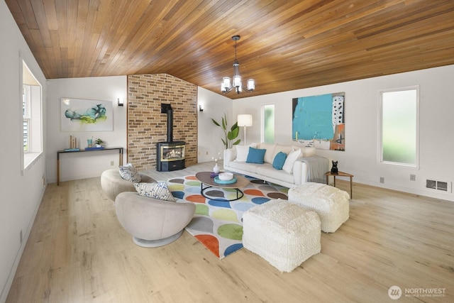 852 NE 194th St, Shoreline, WA 98155 - living room featuring lofted ceiling, a wood stove, wood finished floors, wooden ceiling, and healthy amount of natural light