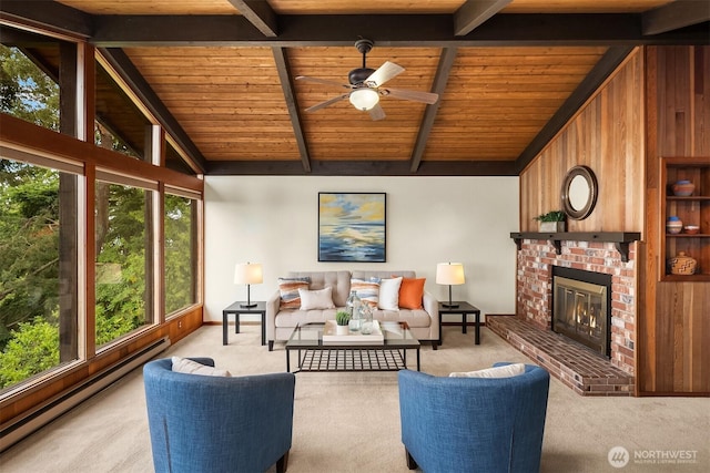19212 94th Ave W, Edmonds, WA 98020 - carpeted living room with a baseboard heating unit, wooden ceiling, a ceiling fan, and a brick fireplace