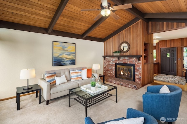 19212 94th Ave W, Edmonds, WA 98020 - living area with wood walls, carpet, ceiling fan, a fireplace, and wooden ceiling