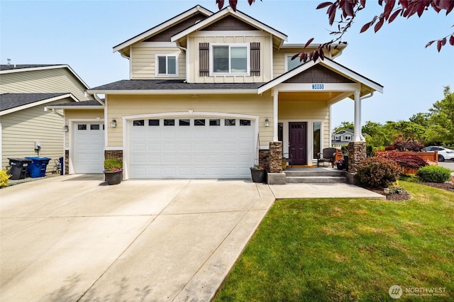 3885 Summersun St, Mount Vernon, WA 98273 - craftsman-style house featuring driveway, an attached garage, board and batten siding, a front lawn, and stone siding