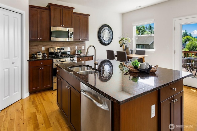 7649 NE 196th St, Kenmore, WA 98028 - kitchen featuring appliances with stainless steel finishes, an island with sink, tasteful backsplash, dark stone counters, and light wood-style floors
