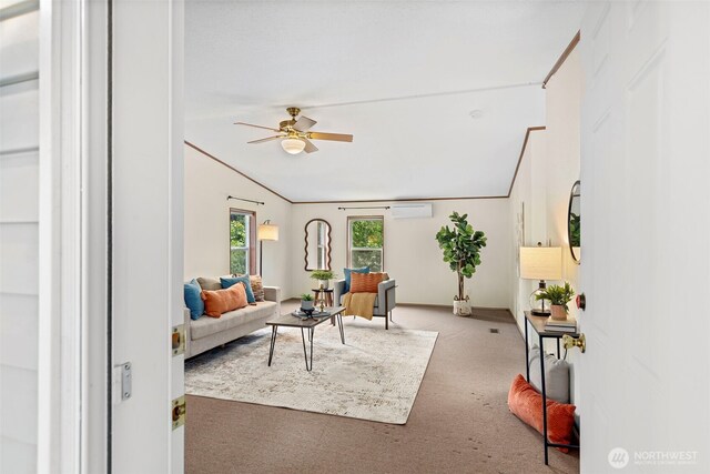 889 NE Sleepy Way, Bremerton, WA 98311 - living room with carpet floors, ceiling fan, lofted ceiling, and a wall mounted AC