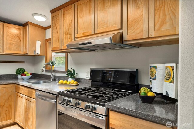 889 NE Sleepy Way, Bremerton, WA 98311 - kitchen with appliances with stainless steel finishes, under cabinet range hood, dark countertops, and wood finished floors