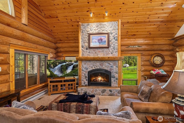 197 Swiftwater Ln, Leavenworth, WA 98826 - living area with wooden ceiling, high vaulted ceiling, log walls, a stone fireplace, and plenty of natural light