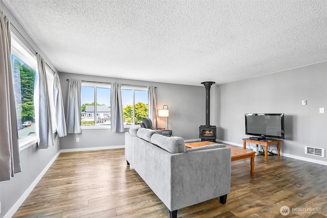 1612 33rd St Unit 102, Everett, WA 98201 - living area featuring a wood stove, a textured ceiling, wood finished floors, and plenty of natural light