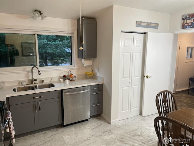 12611 50th Dr SE, Everett, WA 98208 - kitchen featuring dishwasher, gray cabinets, light marble finish flooring, range, and light countertops