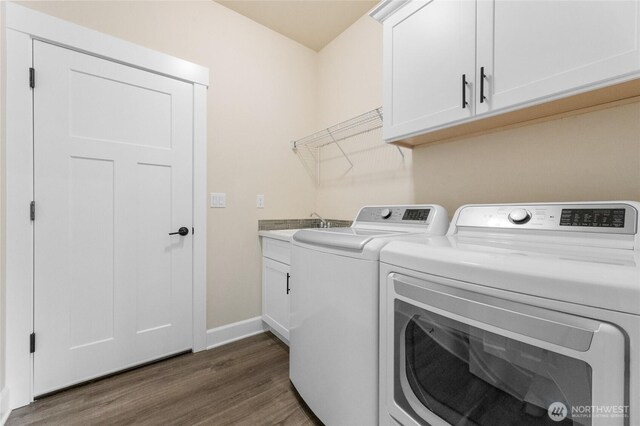 225 N Mcneely St, Buckley, WA 98321 - washroom with washing machine and dryer, dark wood finished floors, and cabinet space