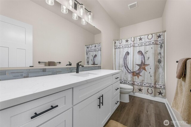 225 N Mcneely St, Buckley, WA 98321 - bathroom featuring vanity, wood finished floors, and a shower with shower curtain
