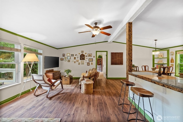 12543 Bear Track Ln SW, Port Orchard, WA 98367 - living area with wood finished floors, healthy amount of natural light, ceiling fan, and ornamental molding